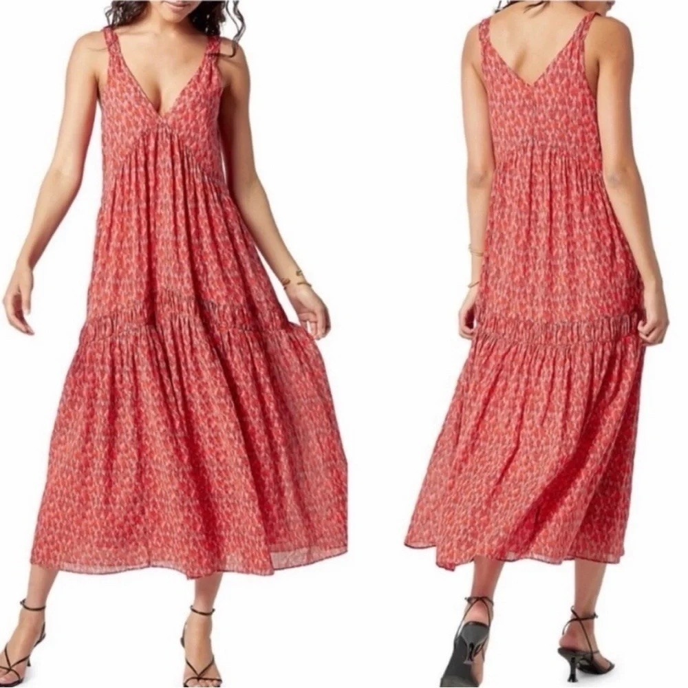 Joie Tea Rose Tiered Sleeveless Maxi Dress Womens M Cotton Red Pink Lined Tank